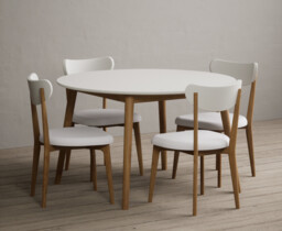Nordic 120cm Round Oak and Signal White Dining Table with 4 White Nordic Chairs
