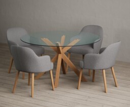 Lakelyn 140cm Round Solid Oak and Glass Dining Table with 2 Light Grey Oliver Chairs