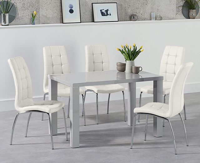 Seattle 120cm Light Grey High Gloss Dining Table with 4 Cream Enzo Chairs