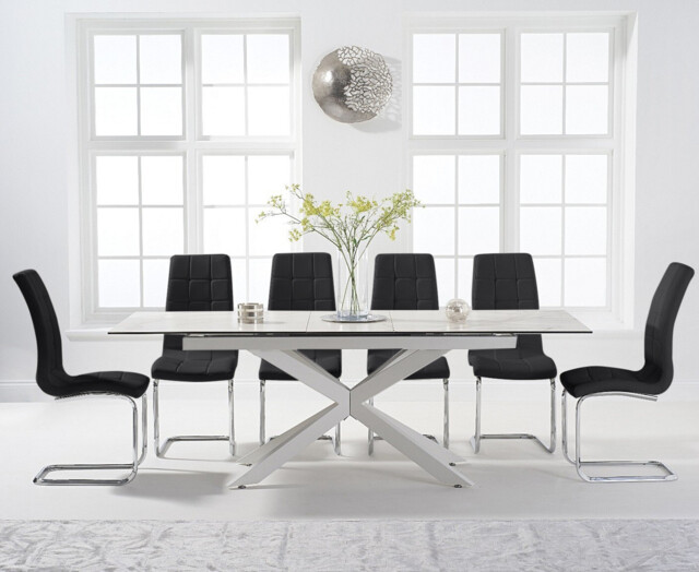 Extending Boston 180cm White Ceramic Dining Table with 6 Grey Vigo Chairs
