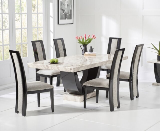Novara 170cm Cream and Black Pedestal Marble Dining Table with 6 Black Novara Chairs