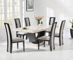 Novara 170cm Cream and Black Pedestal Marble Dining Table with 6 Black Novara Chairs