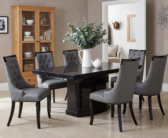 Carvelle 160cm Black Pedestal Marble Table with 6 Grey Francesca Chairs
