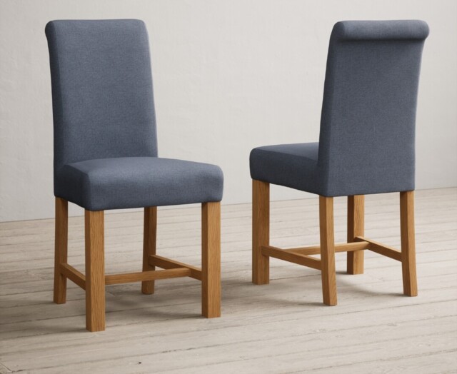 York 80cm Solid Oak Dining Table with 4 Blue Braced Chairs