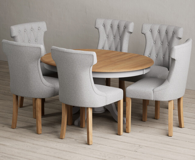 Extending Hertford 100cm - 130cm Oak and Light Grey Painted Pedestal Dining Table with 4 Grey Clara Chairs