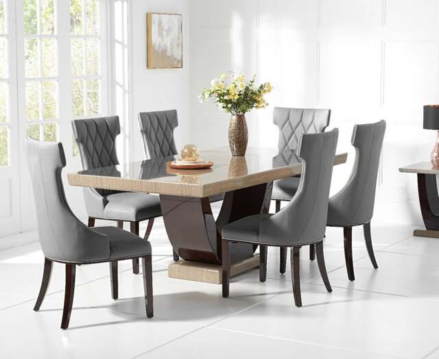 Novara 170cm Brown Pedestal Marble Dining Table with 4 Grey Sophia Chairs