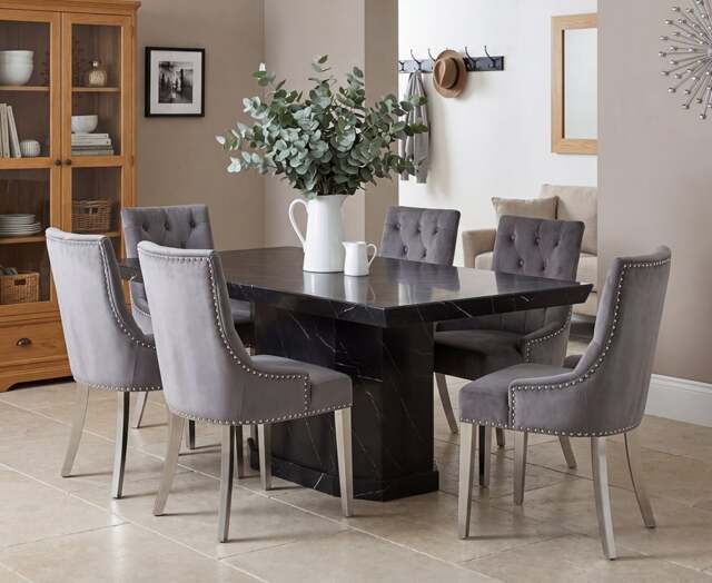 Carvelle 160cm Black Pedestal Marble Table with 6 Grey Sienna Chairs