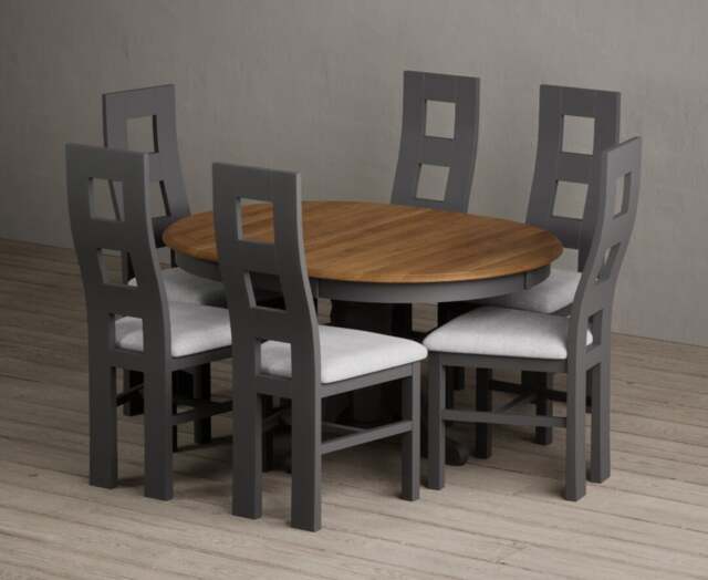 Extending Hertford 100cm - 130cm Oak and Charcoal Grey Painted Pedestal Dining Table with 6 Blue Painted Chairs