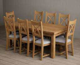 Extending Buxton 180cm Solid Oak Dining Table with 8 Linen Natural Solid Oak Chairs