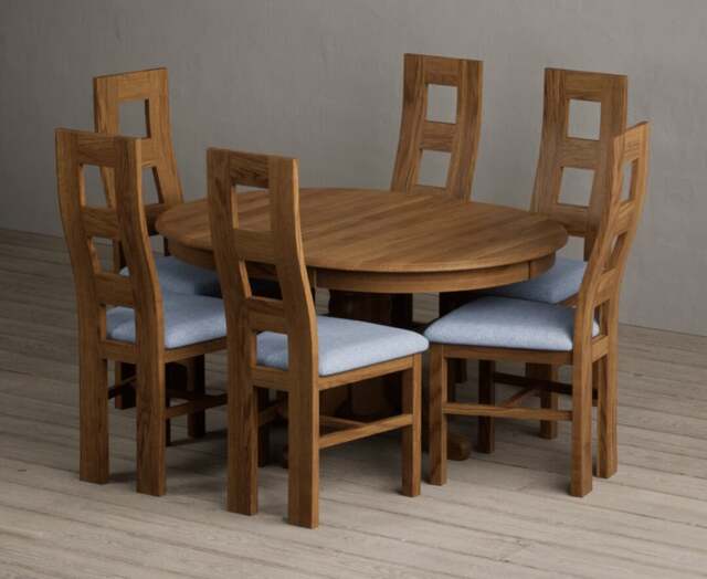 Extending Hertford 100cm - 130cm Rustic Oak Pedestal Dining Table with 6 Blue Rustic Solid Oak Chairs