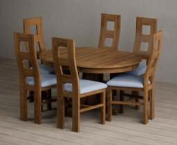 Extending Hertford 100cm - 130cm Rustic Oak Pedestal Dining Table with 6 Blue Rustic Solid Oak Chairs