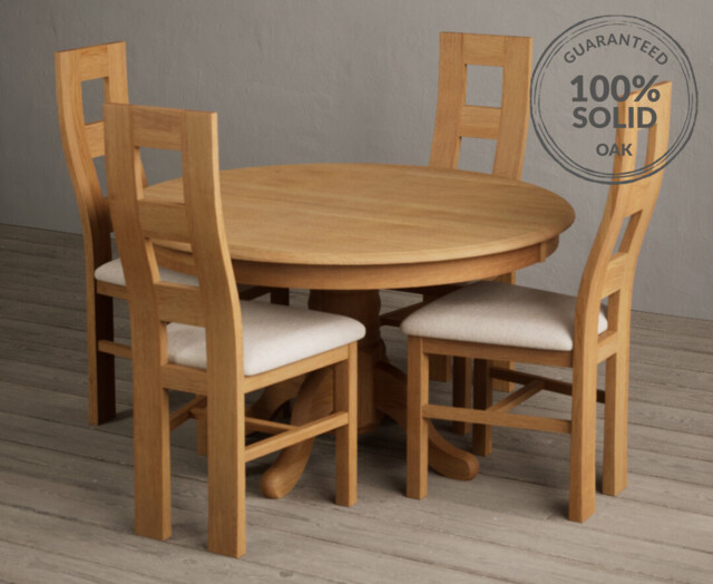 Hertford 120cm Fixed Top Solid Oak Round Pedestal Table with 4 Linen Natural Chairs