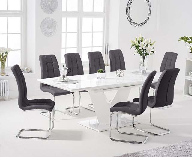 Extending Vittorio 160cm White High Gloss Dining Table with 4 Grey Vigo Chairs