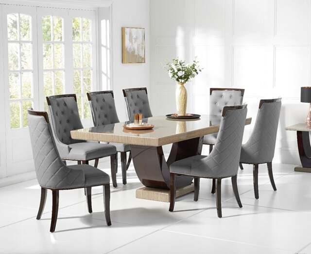 Novara 200cm Brown Pedestal Marble Dining Table with 6 Grey Francesca Chairs