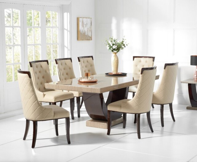 Novara 200cm Brown Pedestal Marble Dining Table with 6 Grey Francesca Chairs