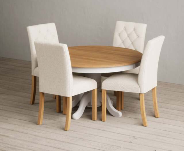 Hertford 120cm Fixed Top Oak and Soft White Painted Dining Table with 4 Grey Isabella Chairs