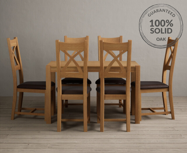 York 120cm Solid Oak Dining Table with 4 Brown Natural Solid Oak Chairs