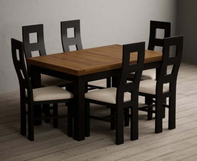 Extending Buxton 140cm Oak and Black Painted Dining Table with 6 Charcoal Grey Painted Chairs