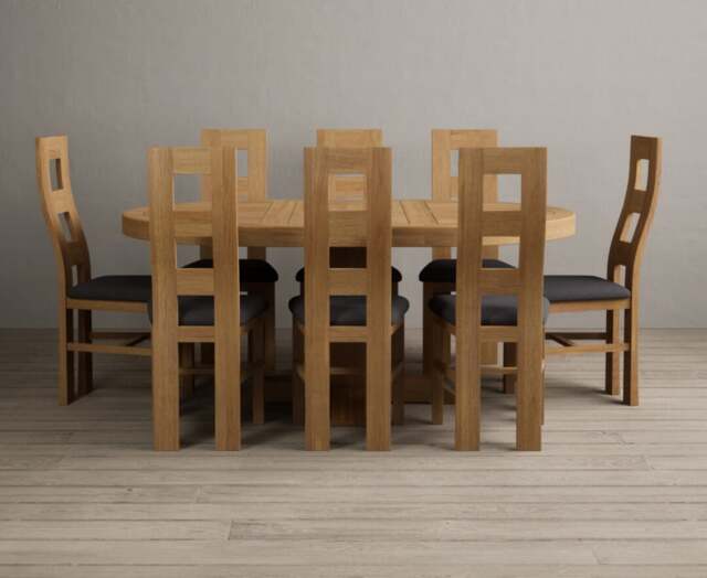 Extending Helmsley Solid Oak Pedestal Dining Table with 8 Charcoal Grey Natural Chairs