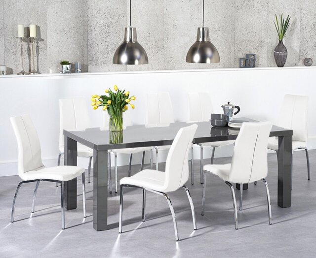 Seattle 200cm Dark Grey High Gloss Dining Table with 8 White Marco Chairs