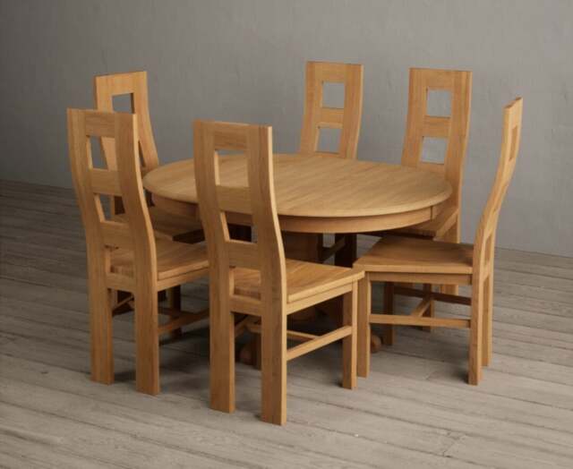 Extending Hertford 100cm - 130cm Solid Oak Pedestal Dining Table with 6 Oak Natural Chairs