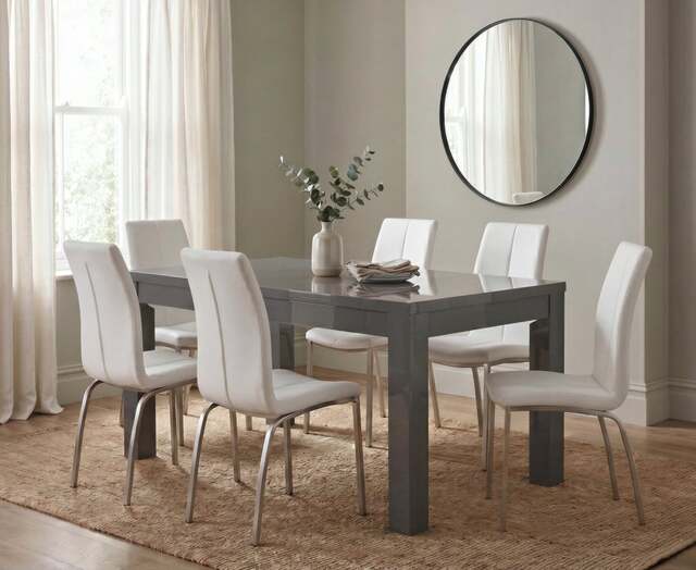 Extending Seattle Dark Grey Gloss 160-220cm Dining Table with 6 White Marco Chairs