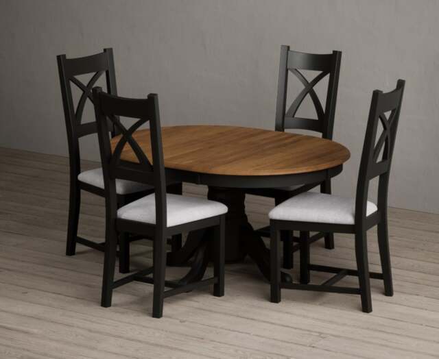 Extending Hertford 100cm - 130cm Oak and Black Painted Pedestal Dining Table with 4 Light Grey Painted Chairs