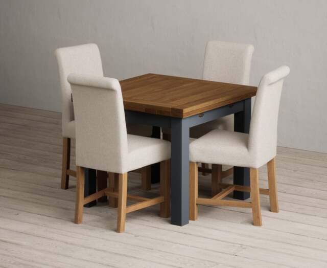 Extending Buxton 90cm Oak and Dark Blue Dining Table with 4 Natural Braced Chairs