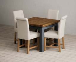 Extending Buxton 90cm Oak and Dark Blue Dining Table with 4 Natural Braced Chairs
