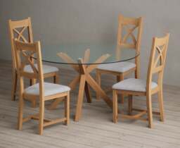 Lakelyn 140cm Round Solid Oak and Glass Dining Table with 4 Oak Natural Chairs