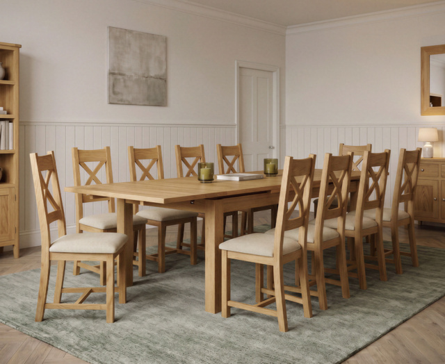 Extending Buxton 140cm Solid Oak Dining Table with 10 Linen Natural Solid Oak Chairs
