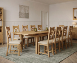 Extending Buxton 140cm Solid Oak Dining Table with 10 Linen Natural Solid Oak Chairs