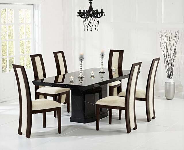 Carvelle 160cm Black Pedestal Marble Table with 8 Brown Novara Chairs
