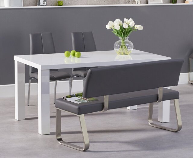Seattle 160cm White High Gloss Dining Table with 4 Grey Marco Chairs and 1 Grey Bench
