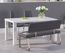 Seattle 160cm White High Gloss Dining Table with 4 Grey Marco Chairs and 1 Grey Bench