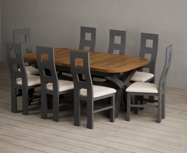 Extending Olympia 180cm Oak and Charcoal Grey Dining Table with 8 Linen Painted Chairs