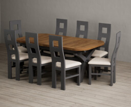 Extending Olympia 180cm Oak and Charcoal Grey Dining Table with 8 Linen Painted Chairs