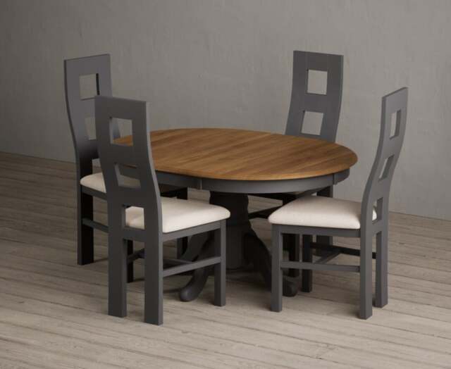 Extending Hertford 100cm - 130cm Oak and Charcoal Grey Painted Pedestal Dining Table with 4 Linen Painted Chairs