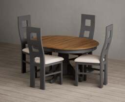 Extending Hertford 100cm - 130cm Oak and Charcoal Grey Painted Pedestal Dining Table with 4 Linen Painted Chairs