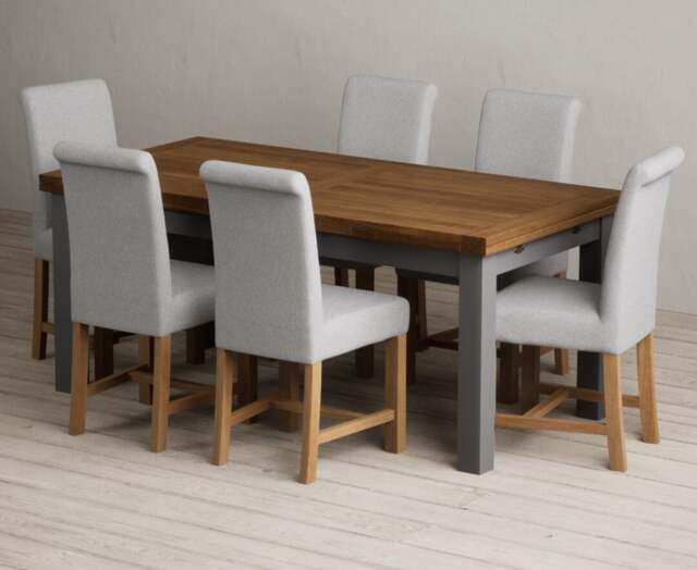 Extending Buxton 180cm Oak and Charcoal Grey Painted Dining Table with 10 Blue Braced Chairs