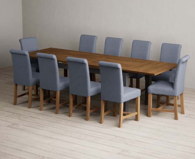 Extending Buxton 180cm Oak and Charcoal Grey Dining Table with 10 Blue Braced Chairs