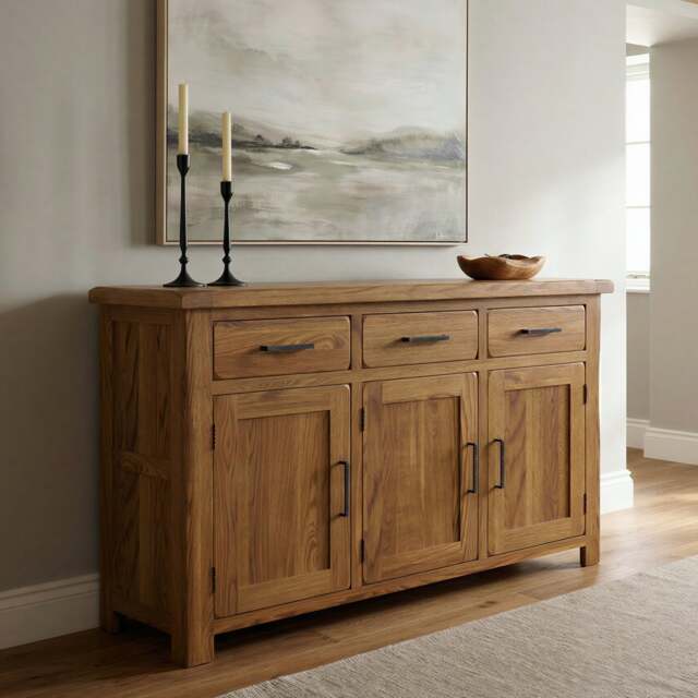Rustic Solid Oak Large Sideboard - 3 Doors, 3 Dovetail Drawers