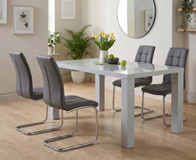 Seattle 160cm Light Grey High Gloss Dining Table with 4 Grey Vigo Chairs