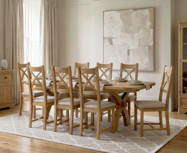 Extending Olympia 180cm Solid Oak Dining Table with 8 Linen Natural Solid Oak Chairs