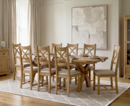 Extending Olympia 180cm Solid Oak Dining Table with 8 Linen Natural Solid Oak Chairs