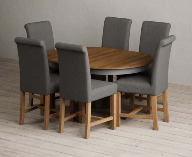 Extending Hertford 100cm - 130cm Oak and Charcoal Grey Painted Pedestal Dining Table with 4 Charcoal Grey Braced Chairs