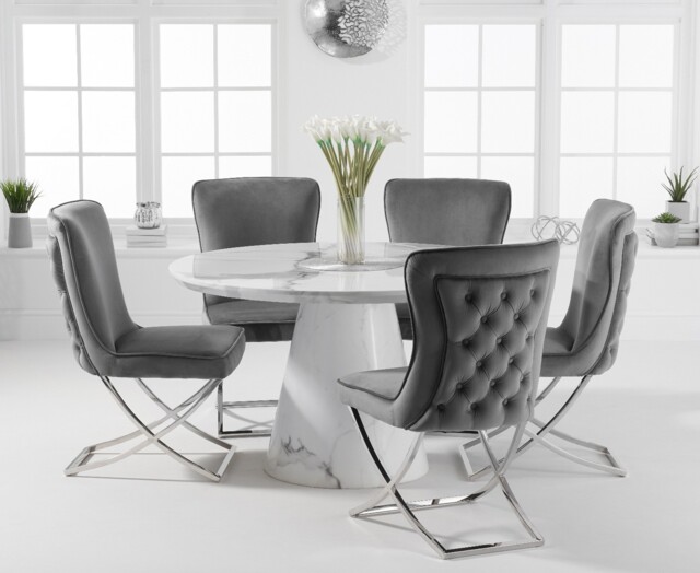 Ravello 130cm Round White Marble Dining Table with 6 Grey Lorenzo Chairs