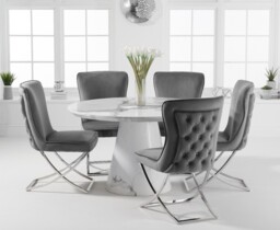 Ravello 130cm Round White Marble Dining Table with 6 Grey Lorenzo Chairs