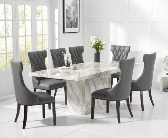 Marino 220cm Marble Dining Table with 6 Grey Sophia Chairs