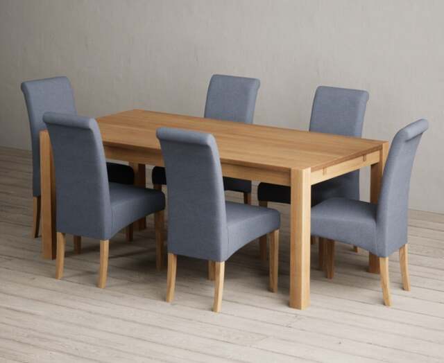 Thetford 180cm Solid Oak Dining Table with 6 Blue Scroll Back Chairs